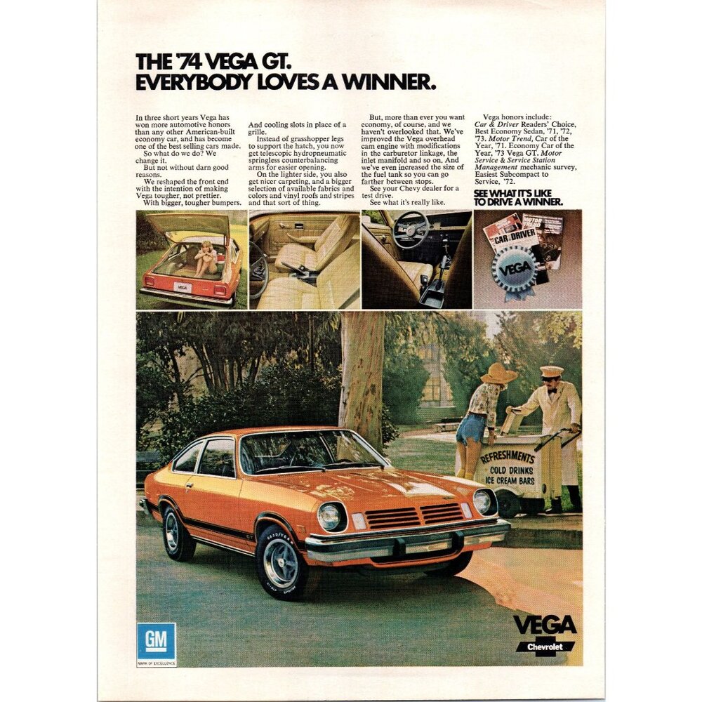 1974 Chevy Vega Coupe Economy Car Vintage Print Ad Lemonade Stand 70s Wall Art